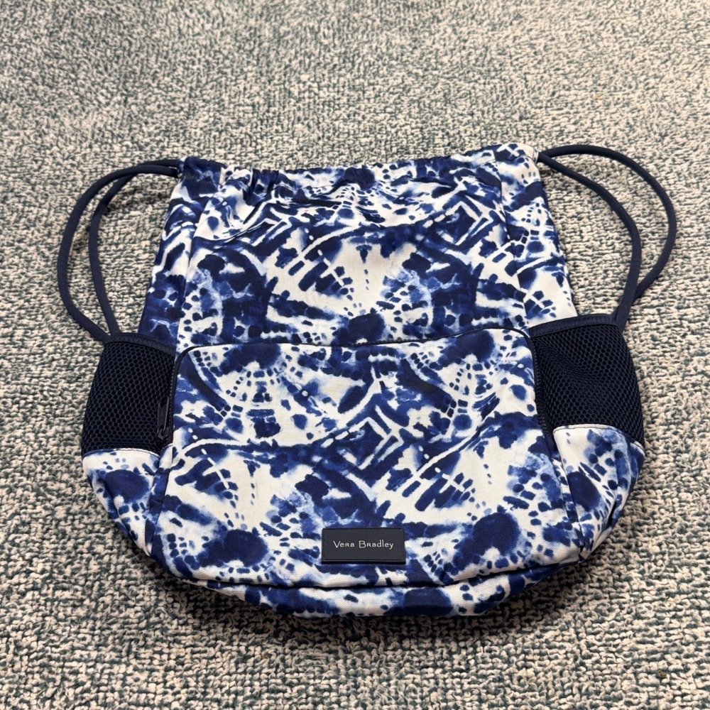 Vera Bradley Recycled Tie Dye Drawstring Backpack Blue White Cinch Bag
